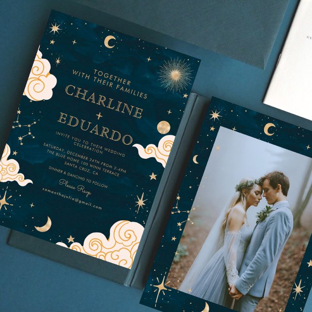 Gold Stars Moon Indigo Celestial Foto Hochzeit Einladung (Von Creator hochgeladen)
