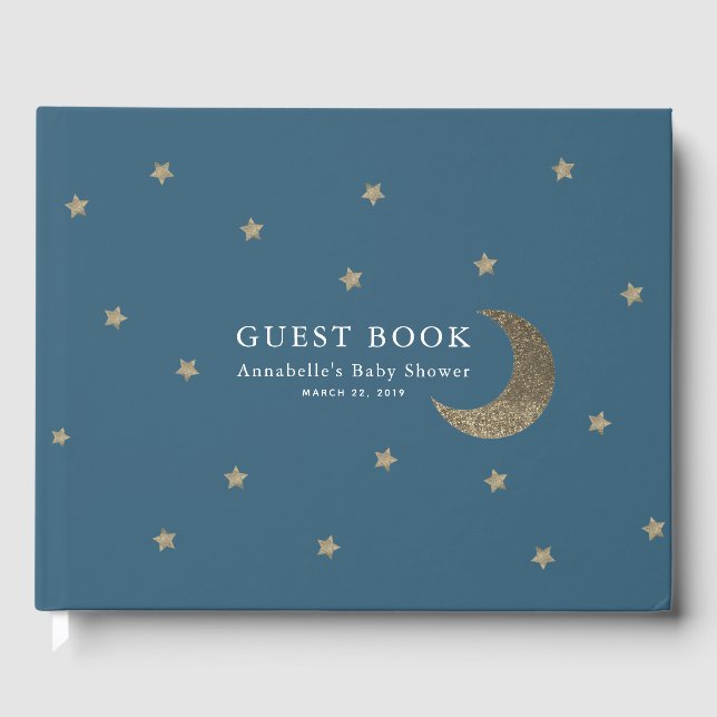 Gold Stars & Moon Navy Blue Baby shower Livre d'or (Recto)