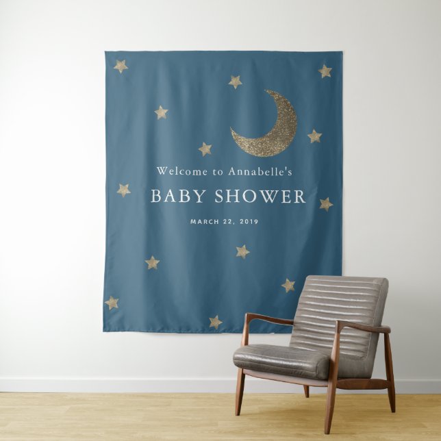 Gold Stars & Moon Navy Blue Baby Shower Tapestes Wandteppich (Beispiel)