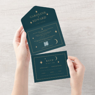 Gold Stars Moon Navy Celestial All in One Wedding Einladung