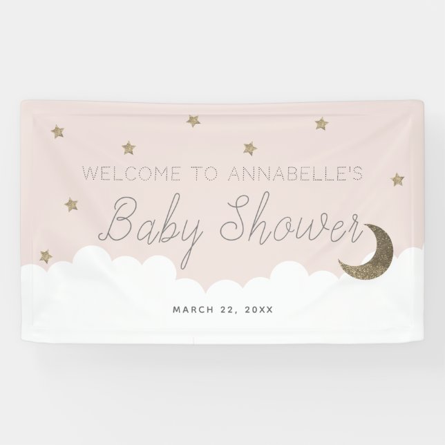 Gold Stars & Moon Pink Baby Duschbanner Banner (Horizontal)