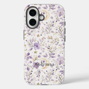 Gold Stars Moon Purple Blumen iPhone 16 Hülle