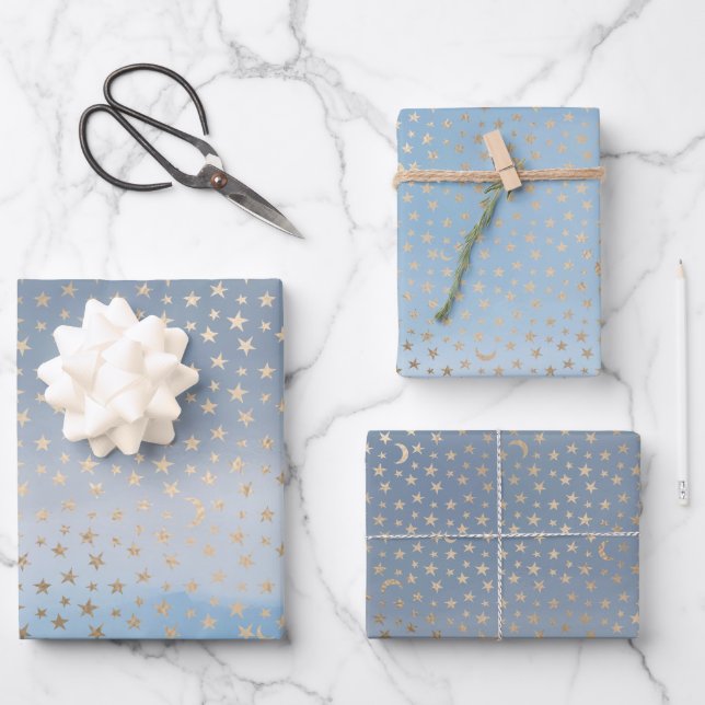 Gold Stars Moons Blue Ombre Geschenkpapier Set (Vorderseite)