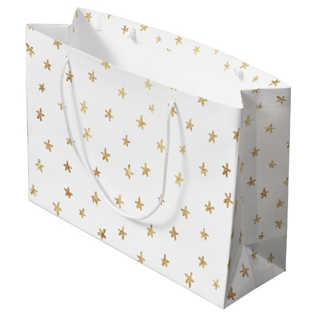Gold Stars Muster White Große Geschenktüte (Rückseite Schrägansicht)