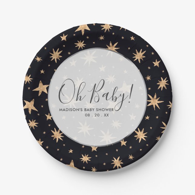 Gold Stars Navy Blue Space Baby Dusche Pappteller (Vorderseite)