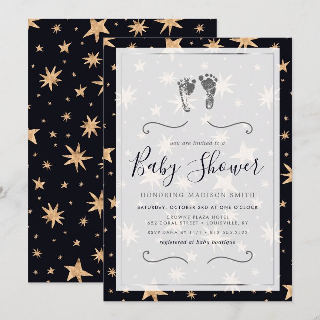 Gold Stars Navy Blue Trendy Starry Baby Dusche Einladung (Vorne/Hinten)
