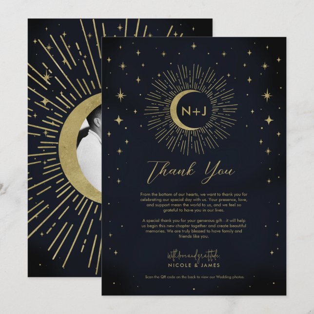 Gold Stars Night Celestial Sunburst Moon Vielen Da Einladung (Vorne/Hinten)