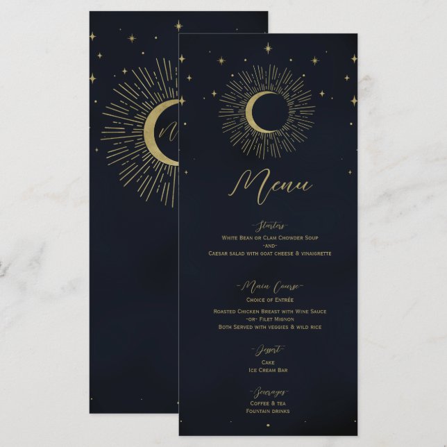 Gold Stars Night Sunburst Moon Menu Mariage (Devant / Derrière)