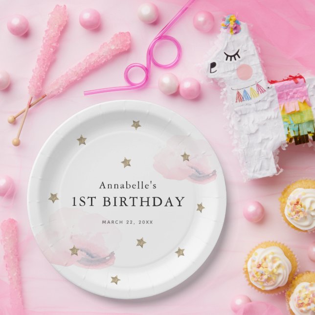 Gold Stars & Pink Clouds Girl Birthday Pappteller (Party)