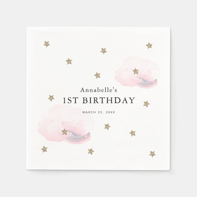 Gold Stars & Pink Clouds Girl Birthday Serviette (Vorderseite)