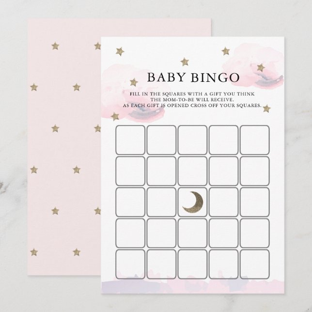 Gold Stars Pink Clouds Kinderdusche Bingo Game Car Einladung (Vorne/Hinten)