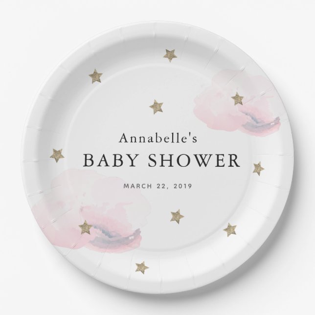 Gold Stars & Pink Clouds Kinderdusche Pappteller (Vorderseite)