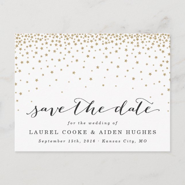 Gold Stars Rustikal Moderne Save the Date Ankündigungspostkarte (Vorderseite)
