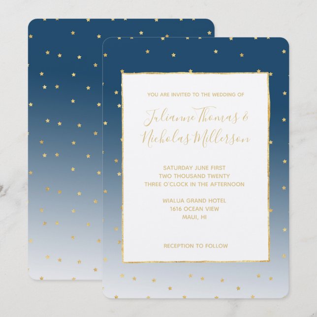 Gold Stars Sky Shine Bright Ombre Wedding Einladung (Vorne/Hinten)