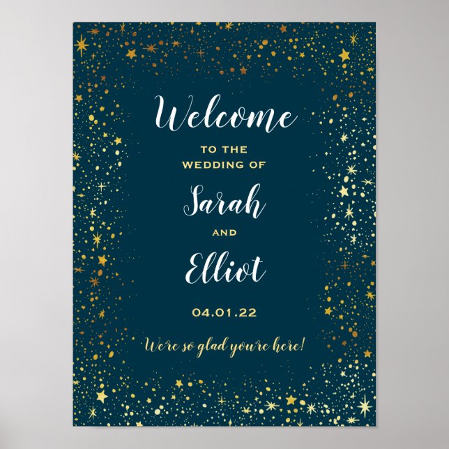 Gold Stars Sparkle Navy Hochzeitswillkommen Poster (Vorne)