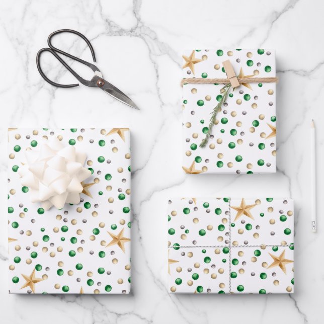 Gold Stars und Gold und grüne Balls Weihnachten Geschenkpapier Set (Vorderseite)