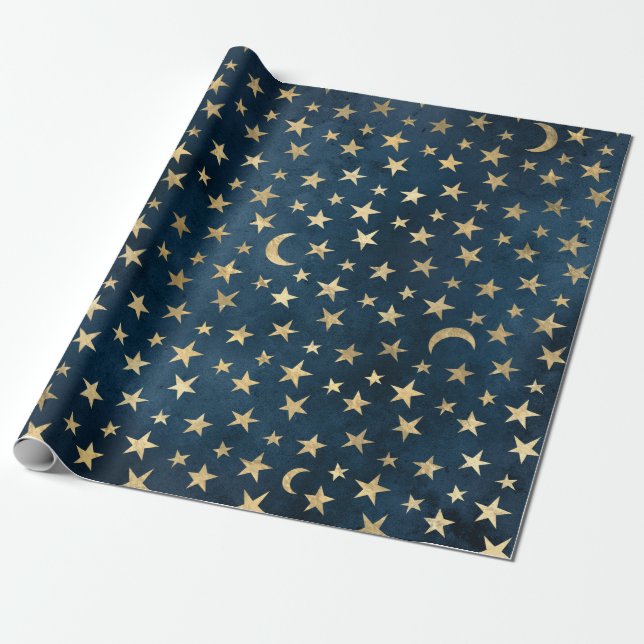 Gold Stars und Monde auf Blue Geschenkpapier (Ungerollt)