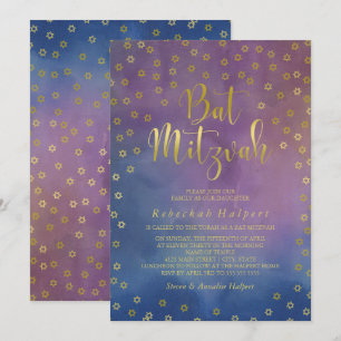 Gold Stars Watercolor Bat Mitzvah Einladung