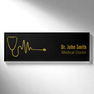 Gold Stethoscope ECG Wave EKG Line Luxury Medical Namenschild