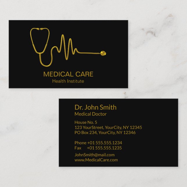 Gold Stethoscope ECG Wave EKG Line Medical Luxury Visitenkarte (Vorne/Hinten)