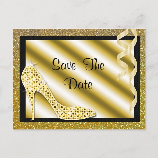 Gold Stiletto & Streamers 60. Save the Date Ankündigungspostkarte (Vorderseite)