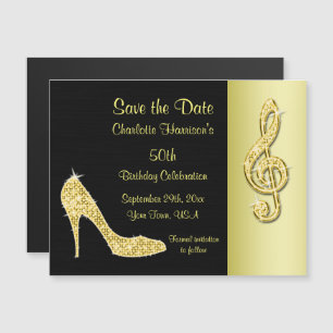 Gold Stiletto & Treble Cleft 50. Save the Date Magneteinladung