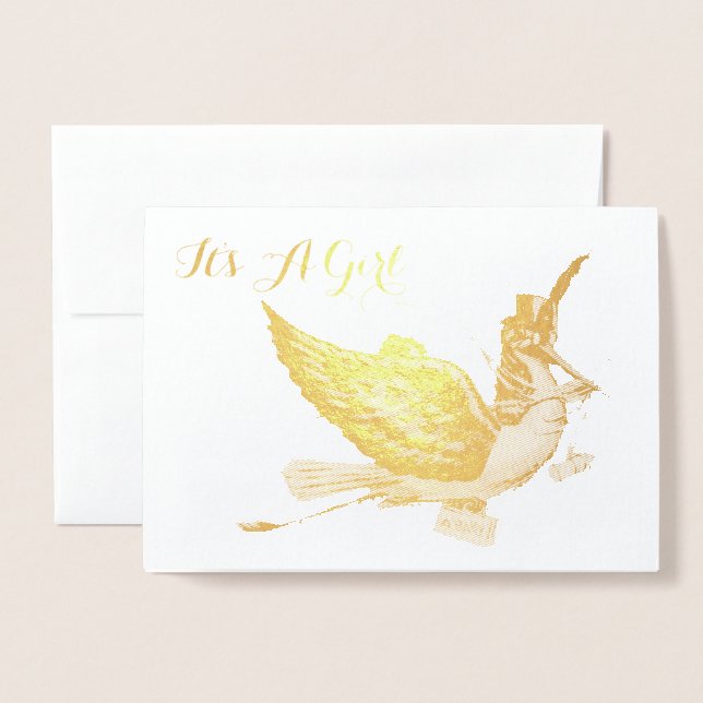 GOLD STORK GIRL BABY SHOWER FOLIENKARTE (Vorderseite mit Umschlag)