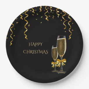 Gold Streamers & Champagner Weihnachten Pappteller