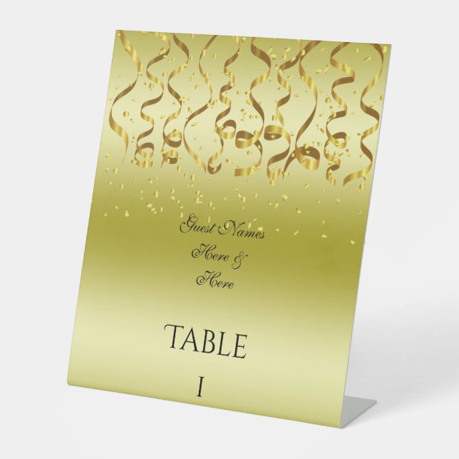 Gold Streamers & Confetti Geburtstags-Tischnummer Sockelschild (Vorderseite)