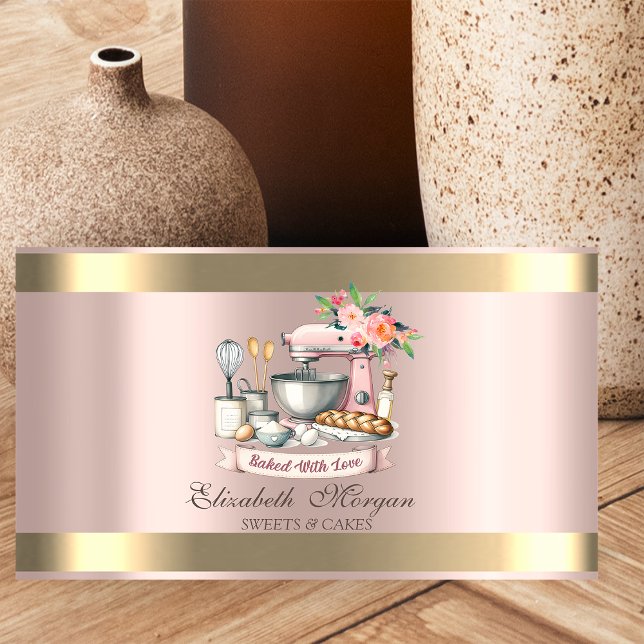 Gold Strip Rose Gold Floral Bakery Mixer Visitenkarte (Von Creator hochgeladen)
