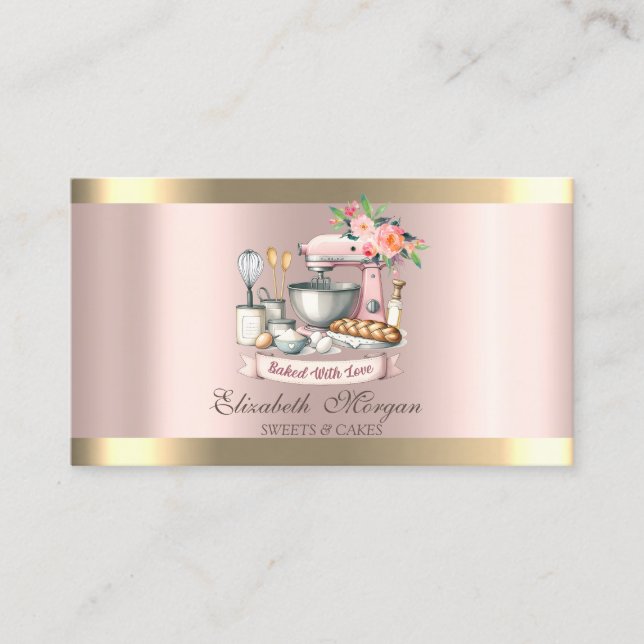 Gold Strip Rose Gold Floral Bakery Mixer Visitenkarte (Vorderseite)