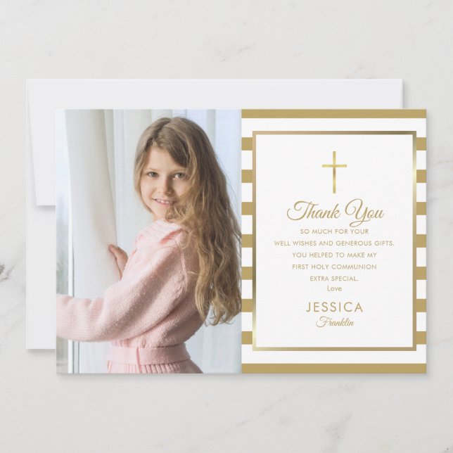 Gold Stripe First Holy Communion Foto Dankeskarte (Vorderseite)