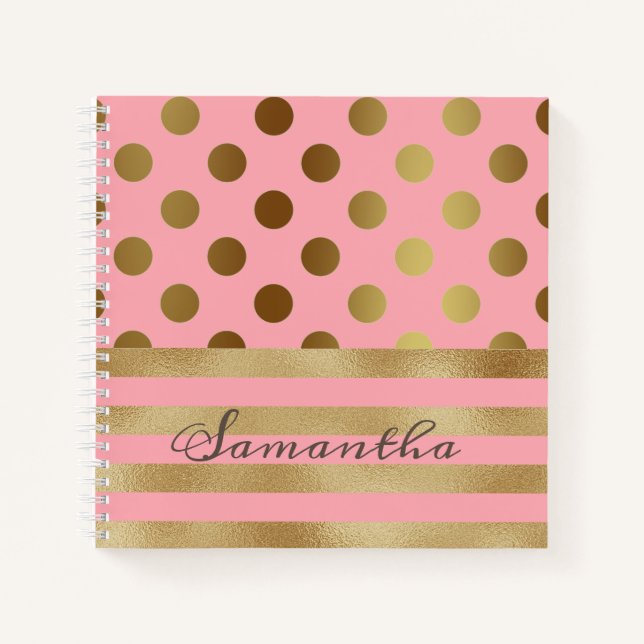 Gold Stripe Polka Dot Name Girly Notizbuch (Vorderseite)