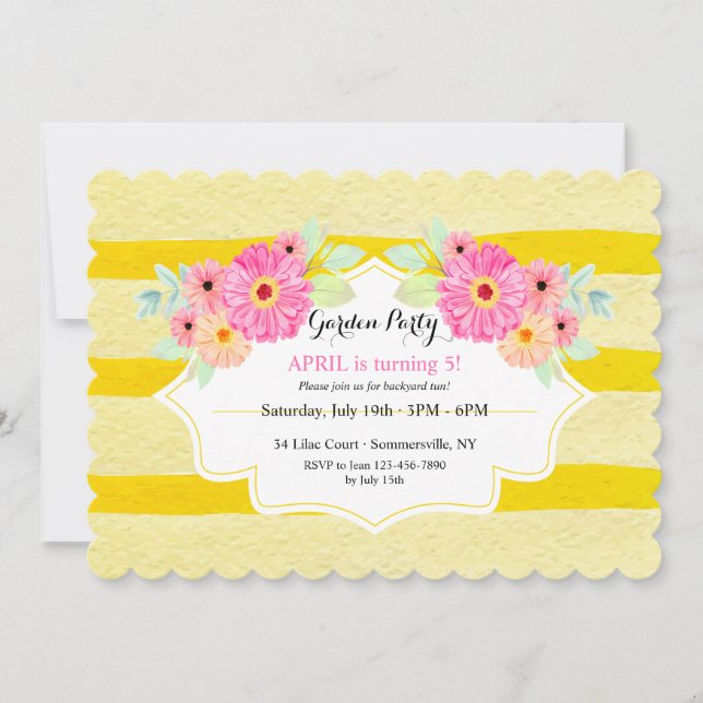 Gold Stripes Floral Invitation Anniversaire (Devant)