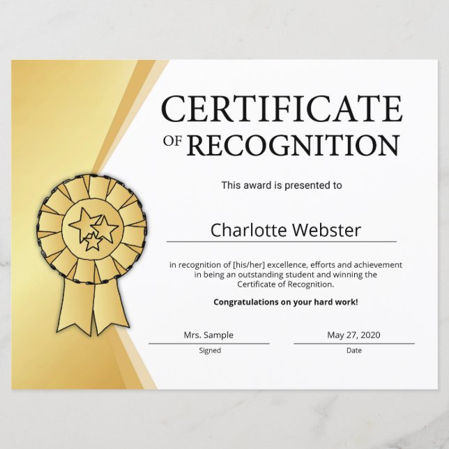Gold Student Recognition Certificates Award (Vorderseite)