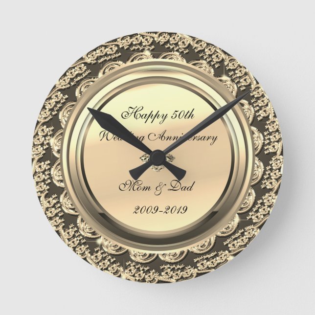 Gold Stylish Diamond 50th Wedding Anniversary Runde Wanduhr (Vorderseite)