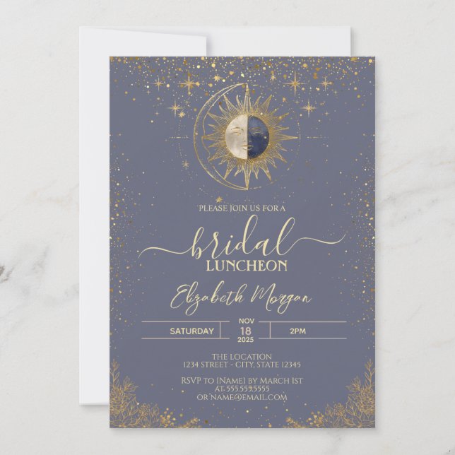 Gold Sun Celestial Stars  Bridal Shower Einladung (Vorderseite)