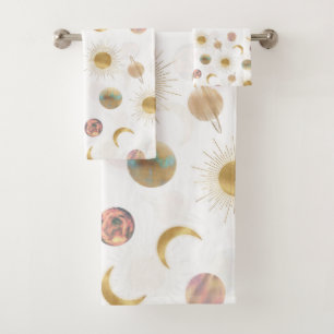 Gold Sun Moon Planètes Space Illustration blanche