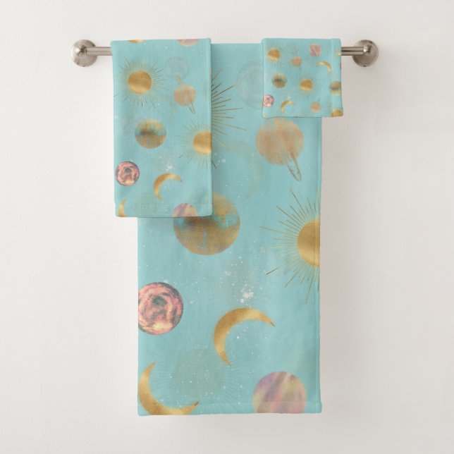 Gold Sun Moon Planets Space Blue Illustration Badhandtuch Set (Insitu)