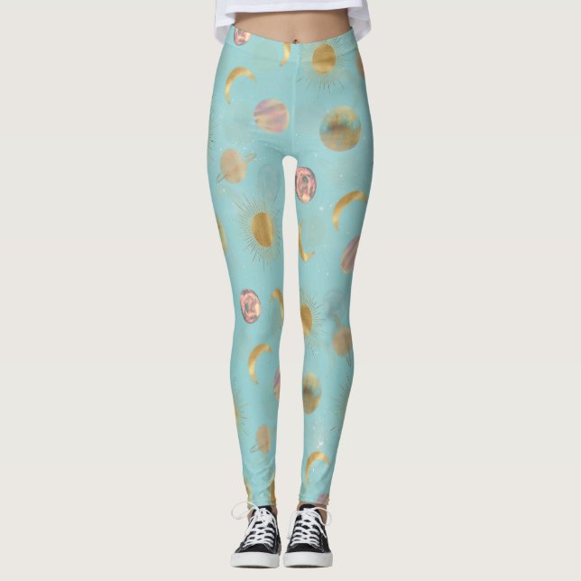 Gold Sun Moon Planets Space Blue Illustration Leggings (Vorderseite)
