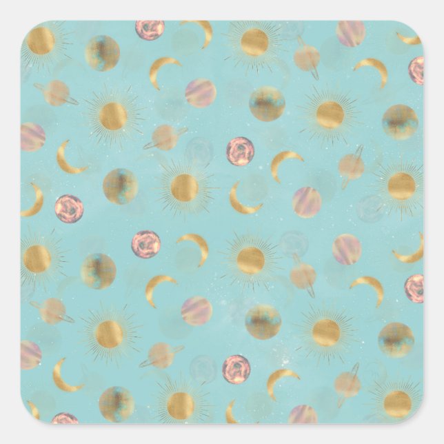 Gold Sun Moon Planets Space Blue Illustration Quadratischer Aufkleber (Vorderseite)