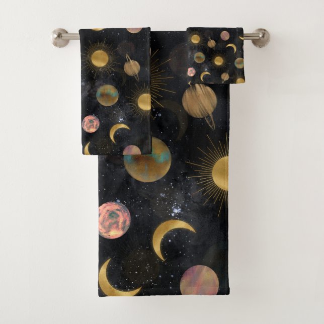 Gold Sun Moon Planets Space Illustration Badhandtuch Set (Insitu)
