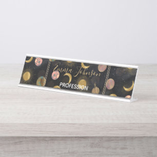 Gold Sun Moon Planets Space Illustration Schreibtischnamensplakette