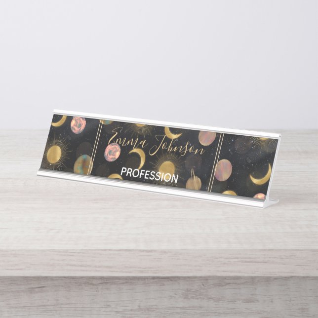 Gold Sun Moon Planets Space Illustration Schreibtischnamensplakette (Vorderseite )