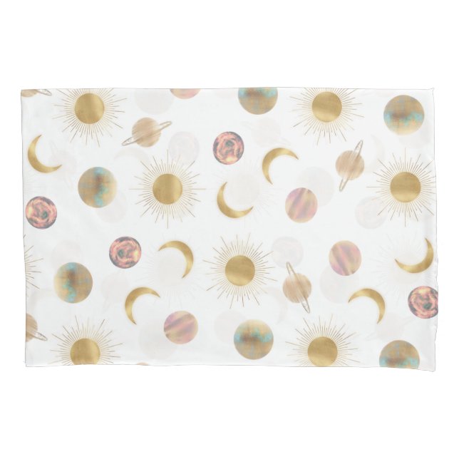 Gold Sun Moon Planets Space White Illustration Kissenbezug (Vorderseite-Links)