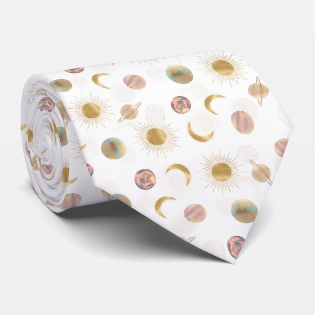 Gold Sun Moon Planets Space White Illustration Krawatte (Gerollt)