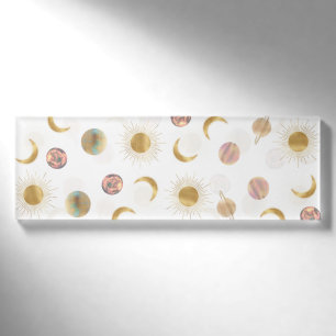 Gold Sun Moon Planets Space White Illustration Namenschild