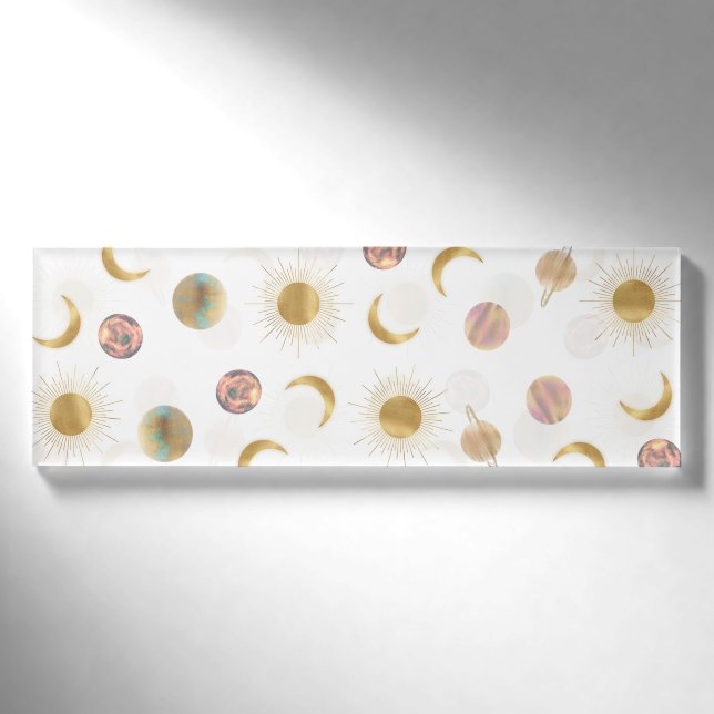 Gold Sun Moon Planets Space White Illustration Namenschild (Vorderseite)