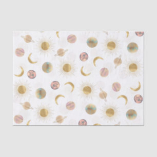 Gold Sun Moon Planets Space White Illustration Seidenpapier