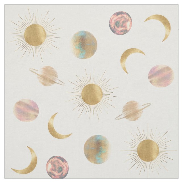 Gold Sun Moon Planets Space White Illustration Stoff (Muster)